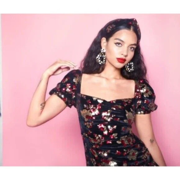 Autumn Adeigbo Rosalie Dress Black Red Gold Sequins Cocktail NWT Sz 6 - Picture 9 of 16